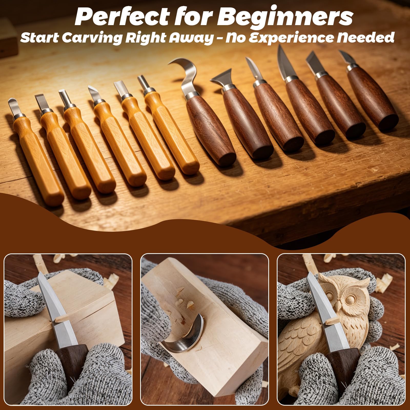 HA BIN Kit Tallado Madera 30 Piezas, Gubias y Cuchillos para Tallar Madera con Piedra de Afilar, Cuero, Guantes y Bolsa – Juego de Herramientas para Principiantes Adultos