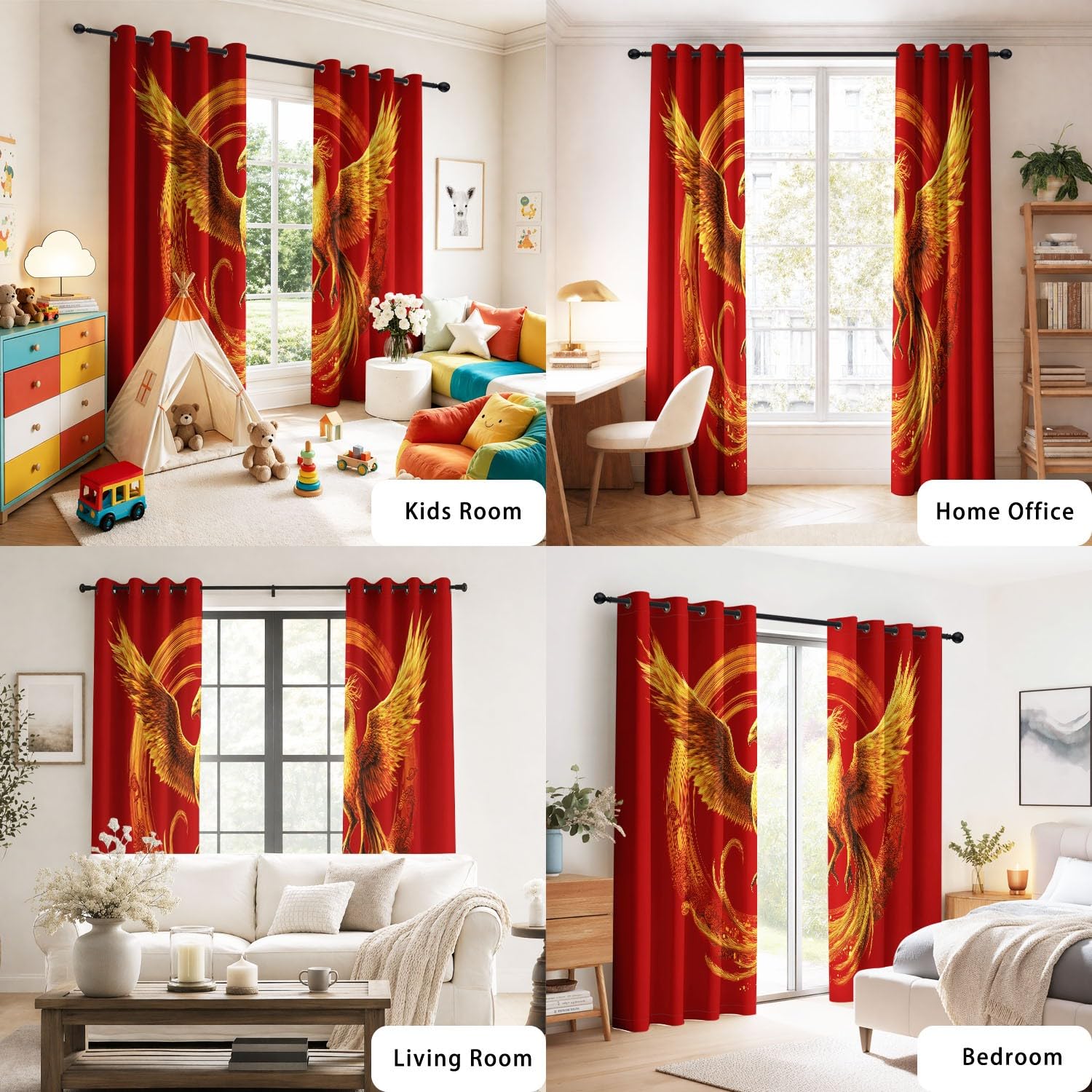 Générique Rideau Occultant Classique Festif Lot de 2 L 140 x H 220 cm Phénix Doré Nuages Cercle Rideaux Imprimés en Polyester à Oeillets Isolant Thermique Anti Froid pour Salon et Chambre d'enfant