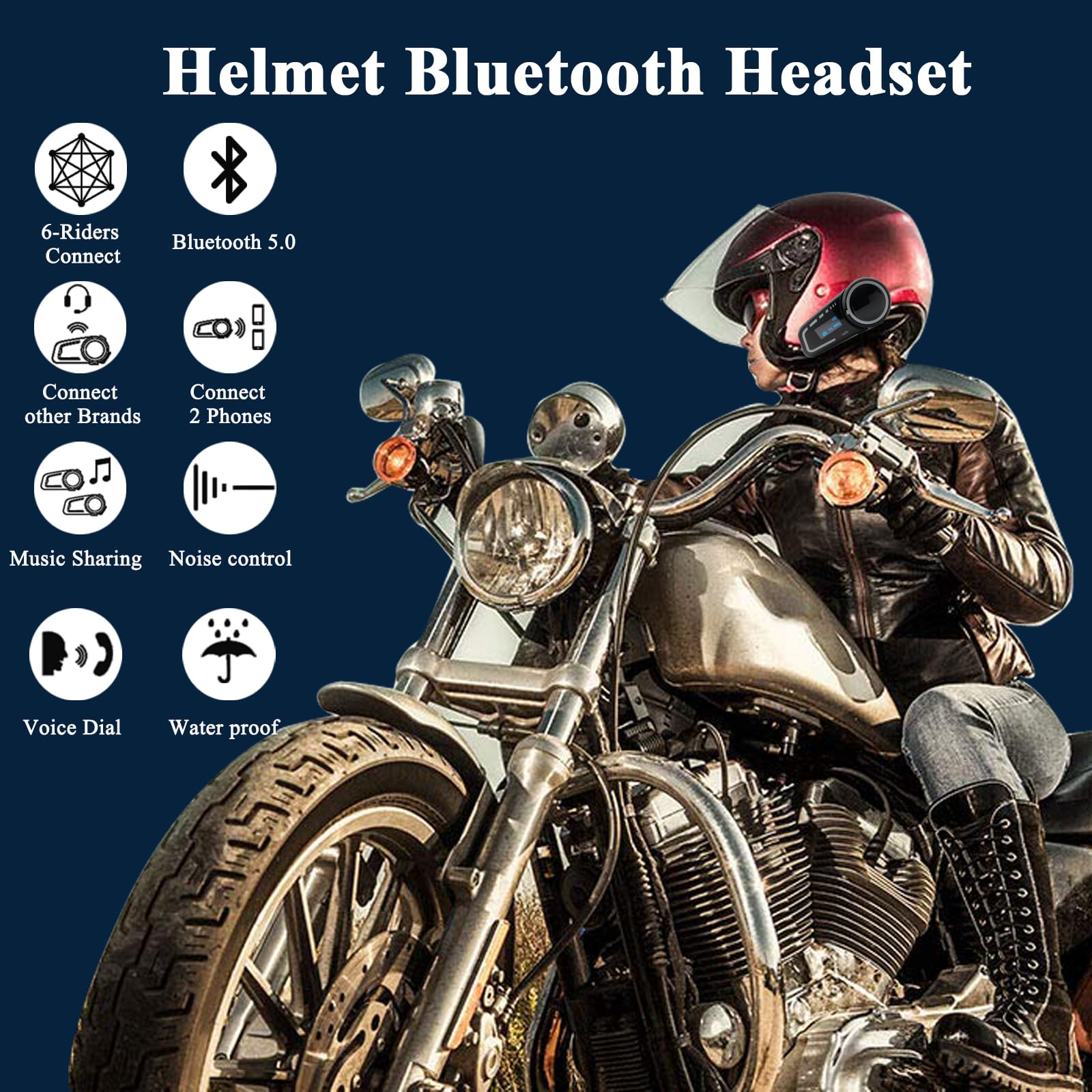 QSPORTPEAK Interfono moto bluetooth, M2C Cuffie Bluetooth per casco da moto per 2-6 piloti con schermo LCD, CVC + DSP Funzione di Riduzione del Rumore, Condivisione Musica,IP67 Impermeabile, 1 pezzi