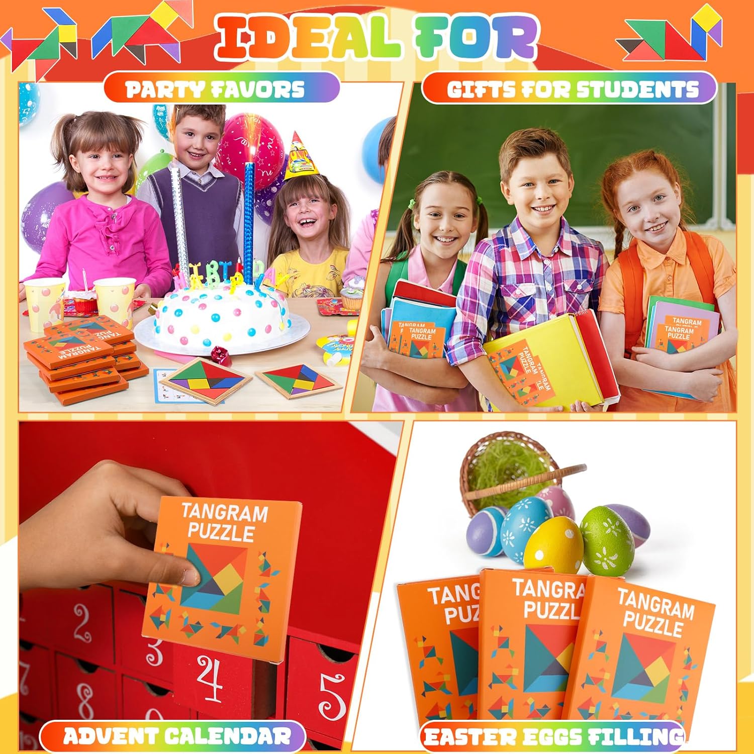 50 Pack Tangram Puzzle Wooden Pack Bulk Kid Party Favors Stem Jigsaw Game Educational Shape Puzzle Toy Goodie Boxes Stuffers for Kids 4-8 Classroom Prize Reward Birthday (Vibrant Bright)