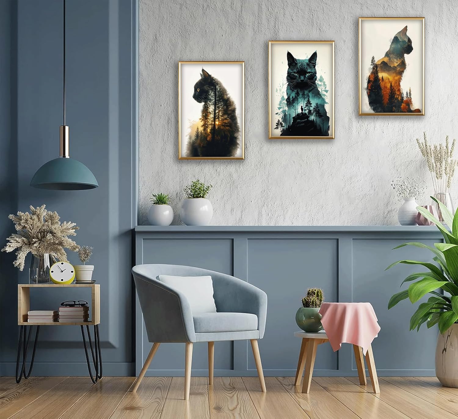 Funny Animals Canvas Wall Art Cute Black Cat and Forest Theme Pictures Wall Decor Abstract Sunset Mountains Nature Landscape Poster Painting Prints Artwork for Living Room Bedroom Bathroom Home Decor