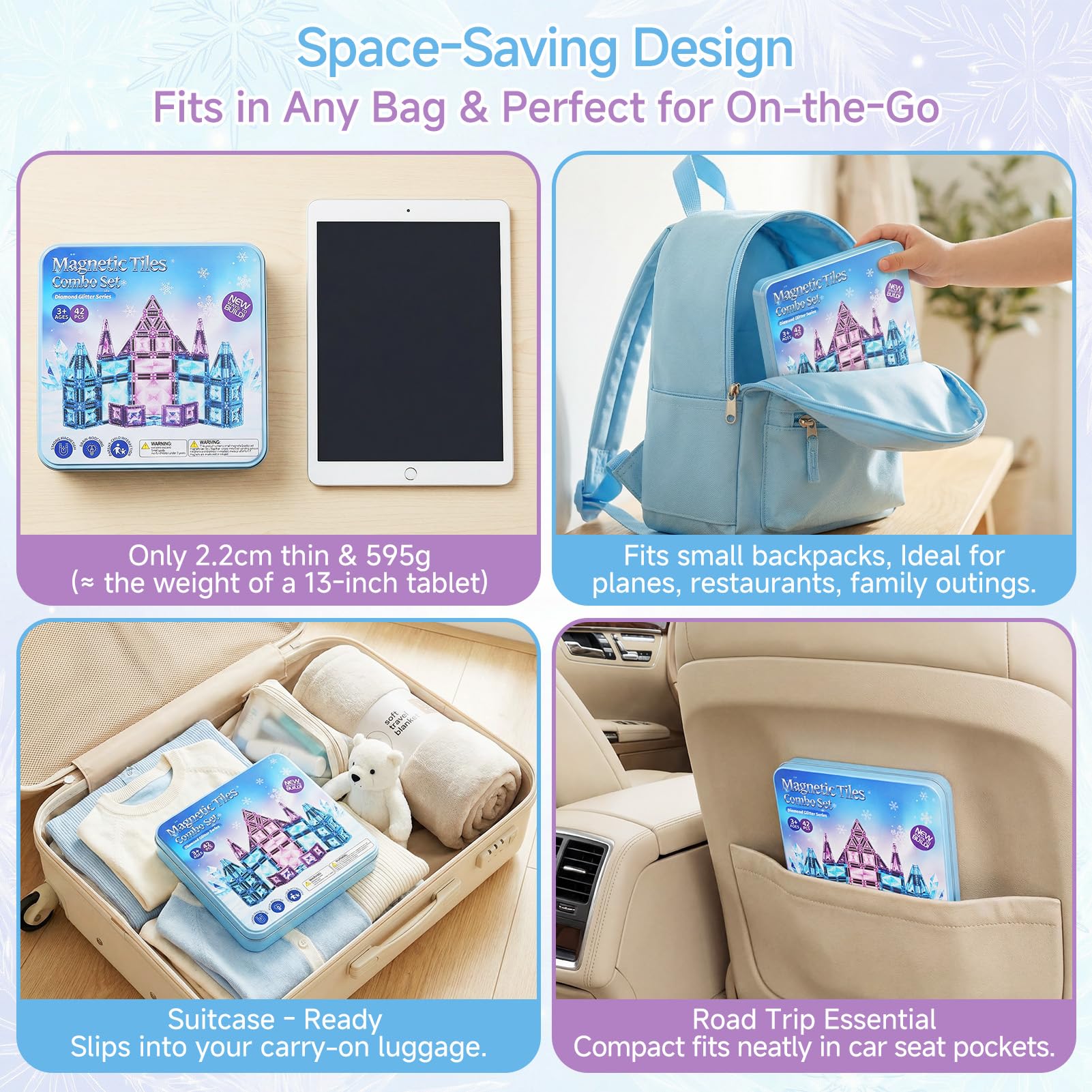 burgkidz Magnetische Bausteine Reisespielzeug für Mädchen, 42 Teile Eisprinzessin Magnetische Tiles in Metallbox - 60 Min Ruhe 30s Aufräumen - Auto Zug Flugzeug Geschenk 3 4 5 6 7 8 Jahre