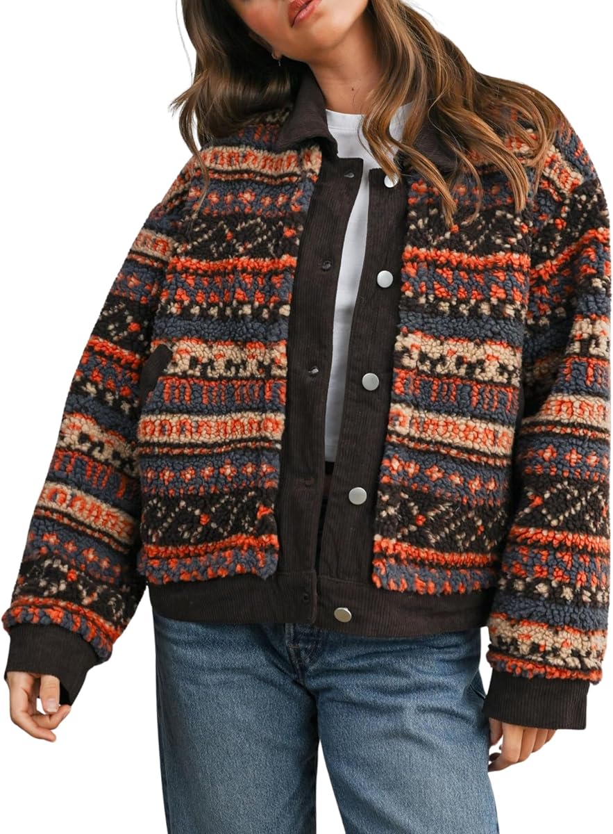 Women's Floral Sherpa Jacket Open Front Denim Collar Fleece Jackets Oversized Outerwear with Pockets