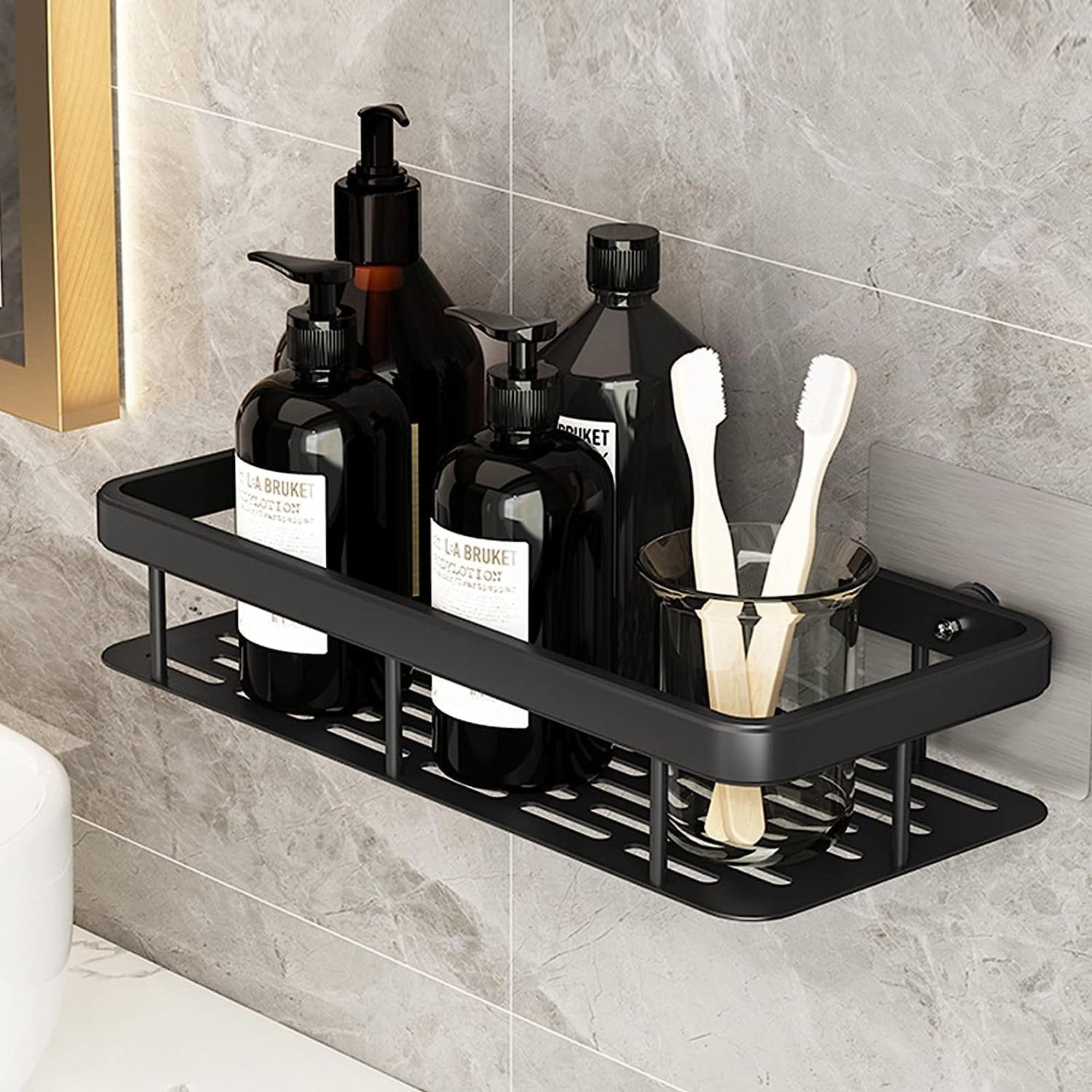 EasyTac Bathroom Organiser Without Drill/Self Adhesive Shelf for Bathroom Wall/Aluminium Bathroom Shelf with Magic Stickers (12x5 inches, Matt Black)-image-34