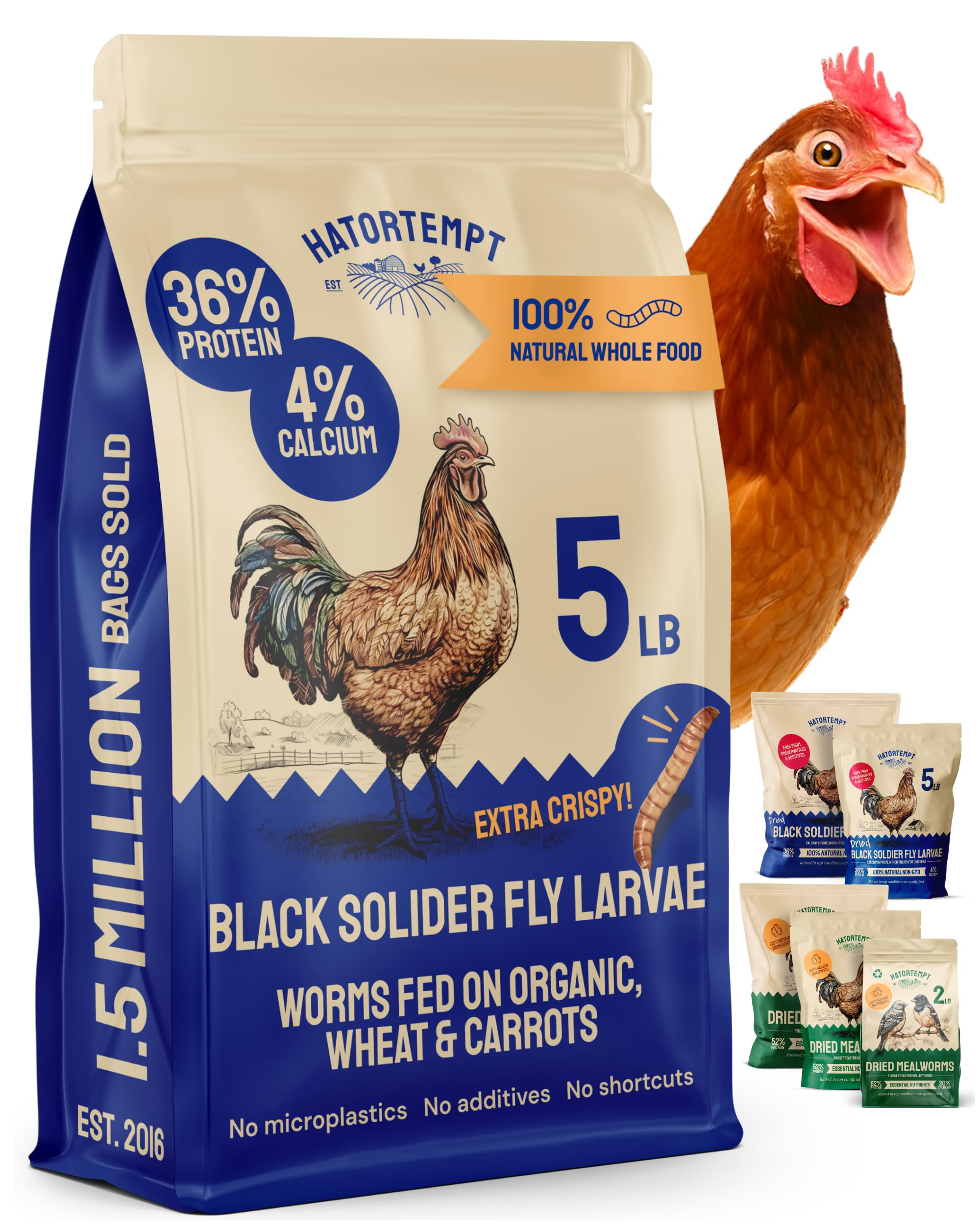 Hatortempt Black Soldier Fly Larvae - 5 lb - 4% Calcium for Chicken Feed & Strong Eggshells - Organic Worms for Chickens & Nutrient Boost - Poultry Treats for Laying Hens