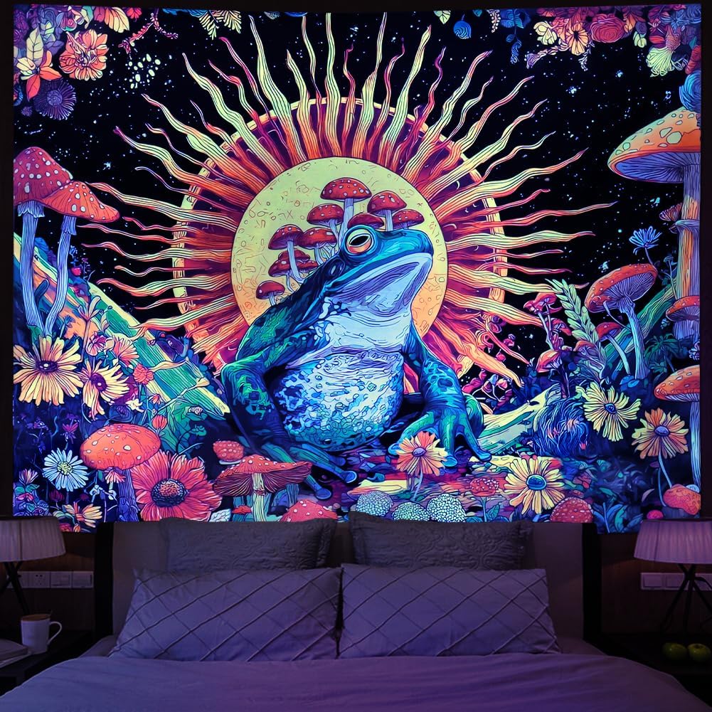 Amonercvita Blacklight Frog Tapestry Vintage Neon Mushroom Tapestries UV Reactive Sun Tapestry Galaxy Space Tapestries Wall Hanging Aesthetic Floral Jungle Plants Wall Backdrop for Bedroom Decor