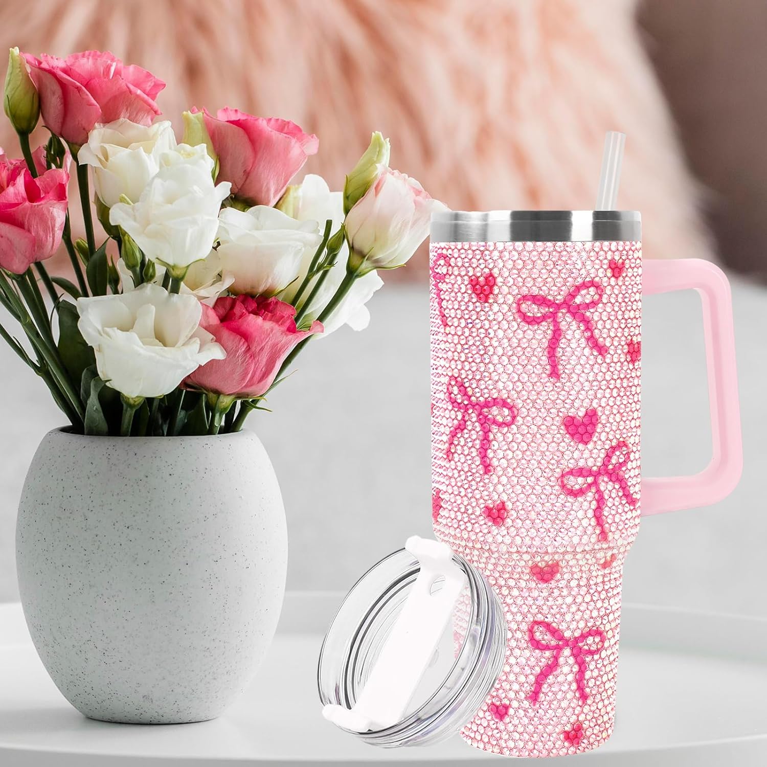 JarThenaAMCS Valentine's Day Pink Bow Tumbler with Lid and Straw 40oz Rhinestone Bowknot Heart Tumbler with Handle for Women Girls Stainless Steel Cup for Home Office Travel Gift - Image 7