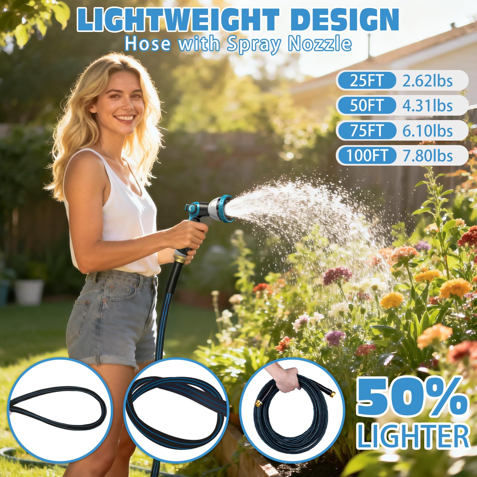 Halfjuly Tubo da giardino da 6,5 m, tubo piatto non espandibile, leggero, durevole, flessibile, resistente, design senza pieghe, con raccordi da 1,9 cm, ugello spray a 10 vie, per giardino e prato