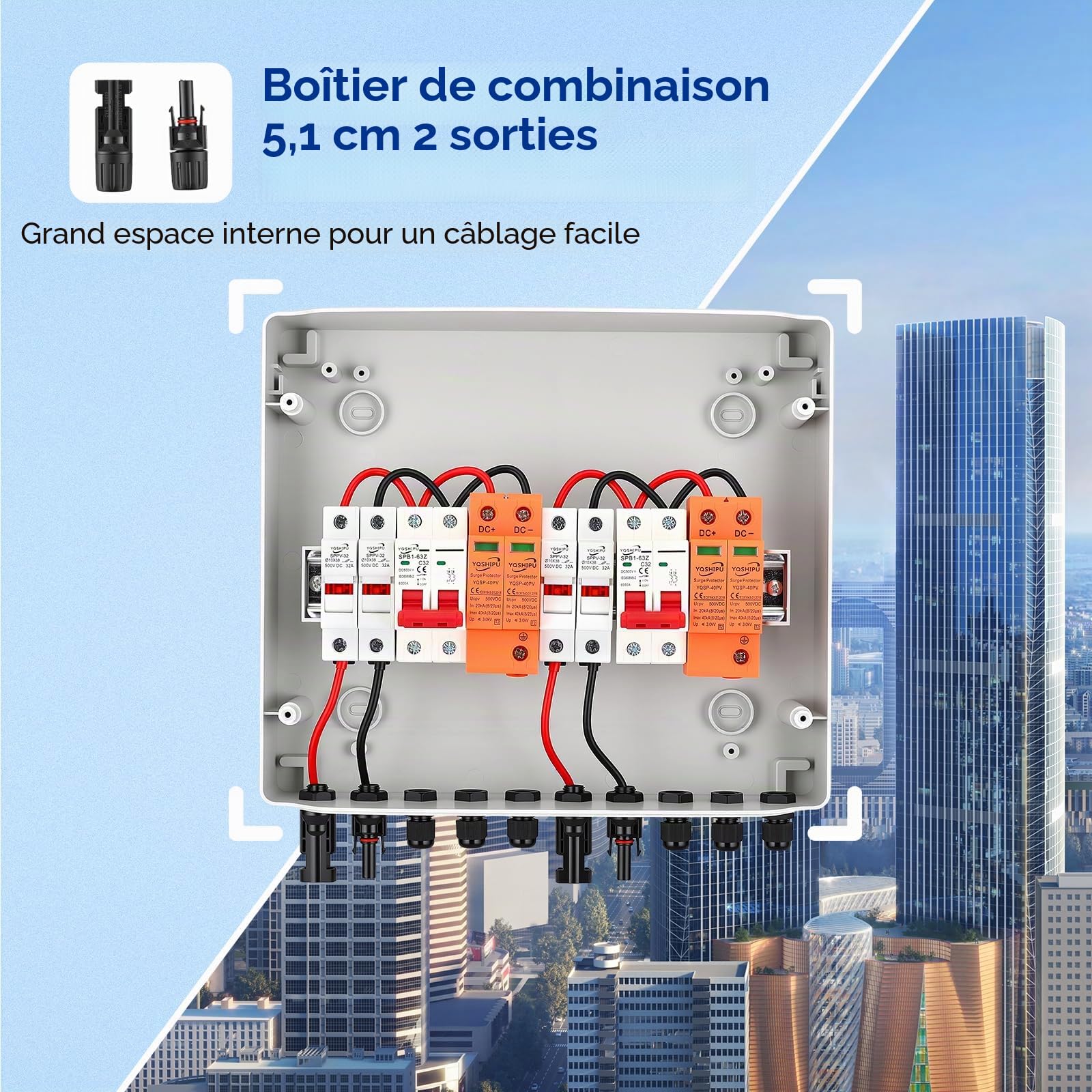 Boîtier de raccordement solaire, protection PV DC 32 A 500 V, interrupteur IP65, protection multicouche, gestion énergétique efficace