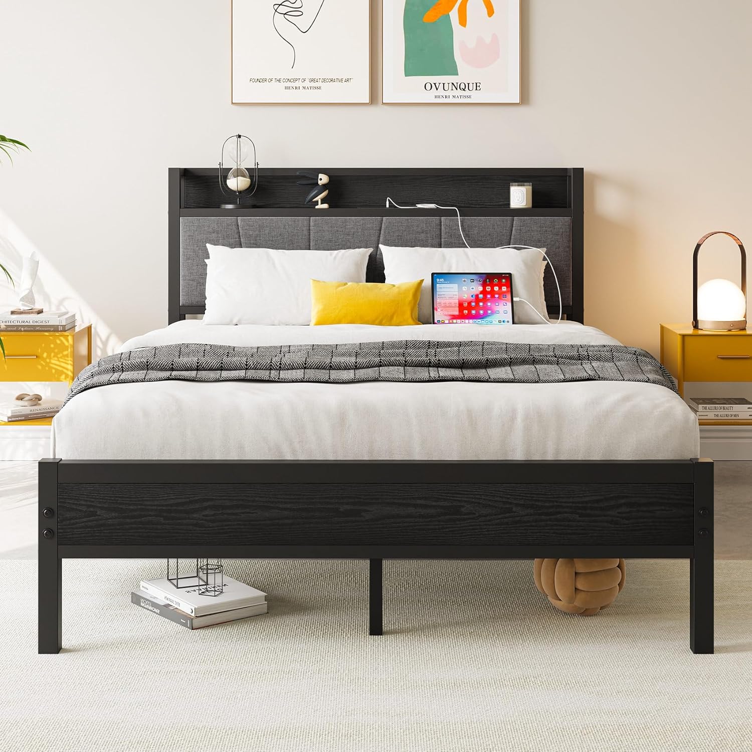 Full Size Bed Frame with Headboard Storage, Full Bed Frame with Charging Station, Full Size Beds Frame with Heavy Duty Metal Slats, No Box Spring Need, Easy Assembly, Black