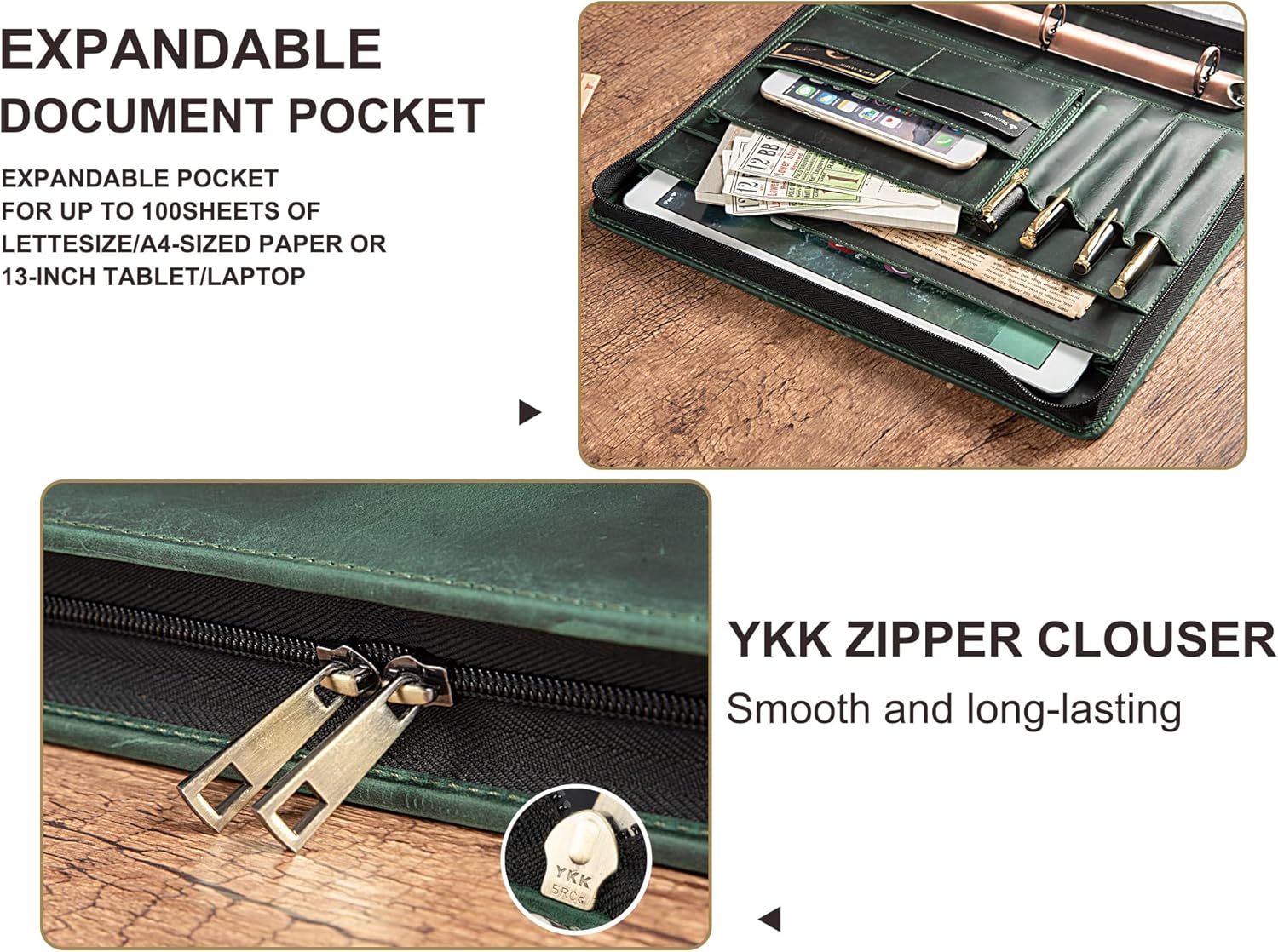 AZXCG Padfolio for Men, Leather Document Organizer with 3 Ring Binders, Legal Pad Resume Holder, Work Binder Folder, Zip Binders 3 Ring, Green, Gift for Men/Son : Office Products