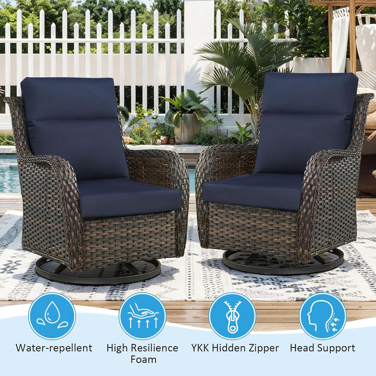 Sunbrella Outdoor Patio Chair Cushions 44x21x3.5 inch, Set of 2 Thicken Comfy Cushions for Rocker Non Slip Fade Shield Water Repellent High Back with Ties, Canvas Navy