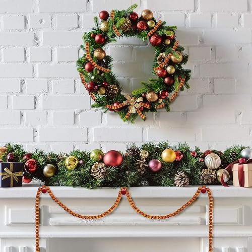 Miniatura 10 de Guirnalda de cuentas de madera de Navidad de 16 pies para decoración de árbol de Navidad (rojo, blanco)