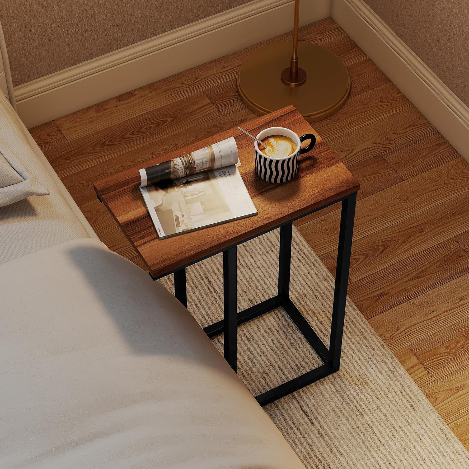 Giantex C-Shaped End Table, Set of 2 Small Sofa Couch Side Table that Slide Under with Metal Frame & Spacious Tabletop, Bedside Laptop TV Tray for Living Room Bedroom Small Spaces (Walnut)