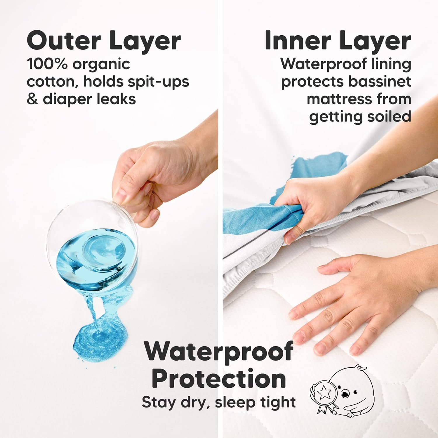 2-pk Waterproof Bassinet Sheets Girls, Boys, Cotton - 33x17 Universal Bassinet Mattress Pad Protector Cover, Compatible with Graco,Baby Delight,Chicco,Halo Bassinest Swivel Sleeper Fitted (Soft White) - Image 3