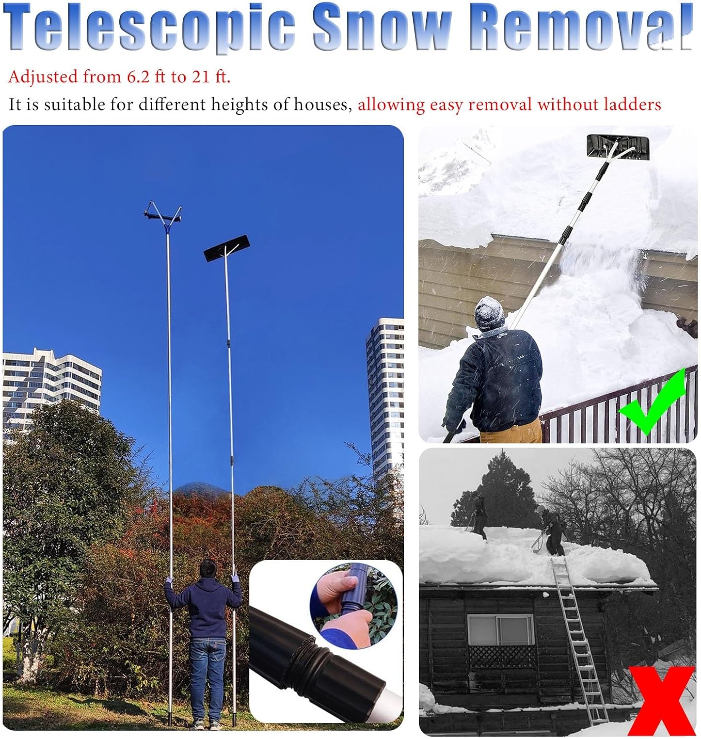 Adjustable Roof Snow Rake 6.2-21 ft - Lightweight Aluminum Snow Removal Tool for Seniors, Ideal for Solar Panels & Porches, Includes Oxford Cloth for Easy Storage