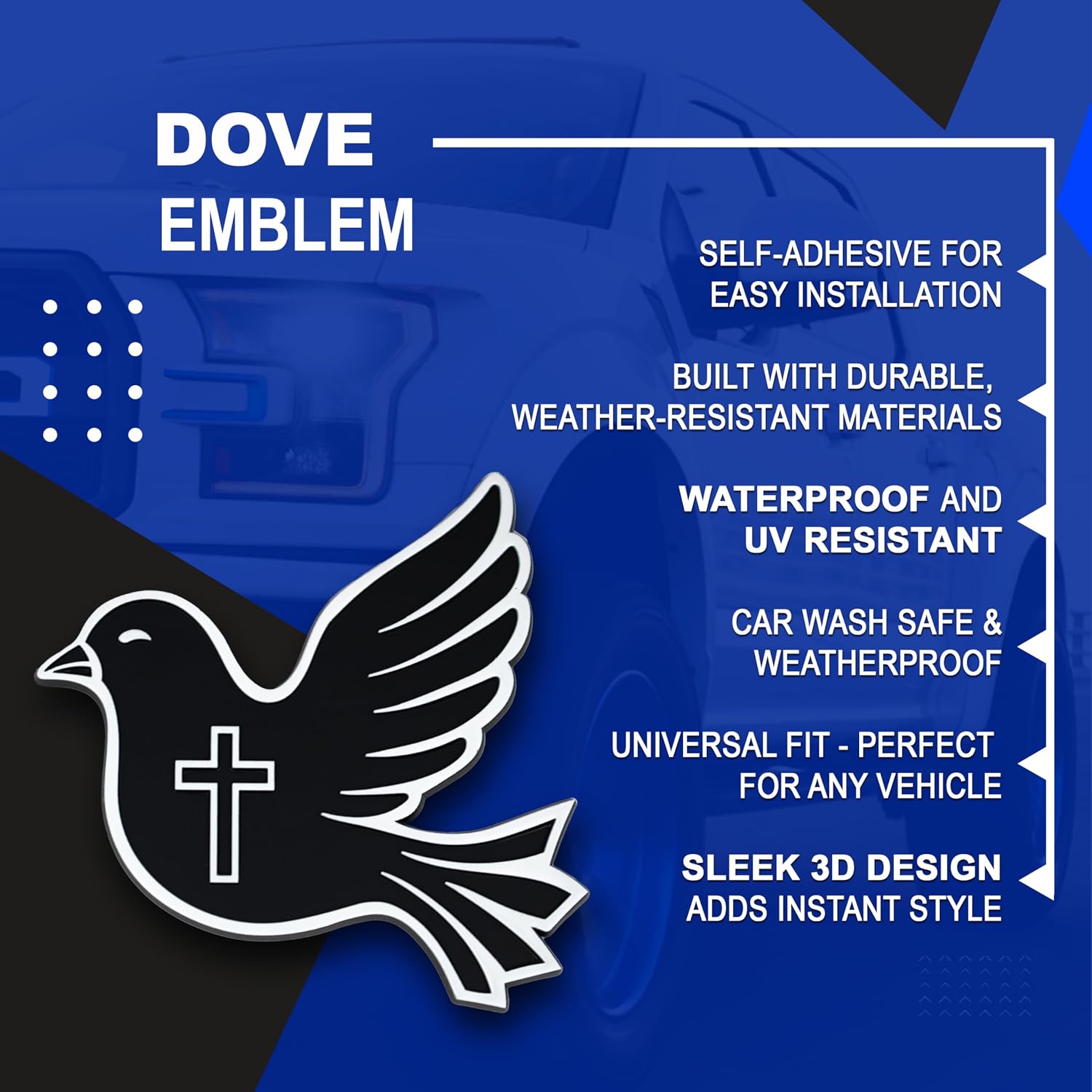 Dove Emblem, Religious Bird Badge – 3D Custom Car Decal Sticker for Car, Truck, SUV – Durable Exterior Trunk, Hood, Fender (Set of 2) (White)
