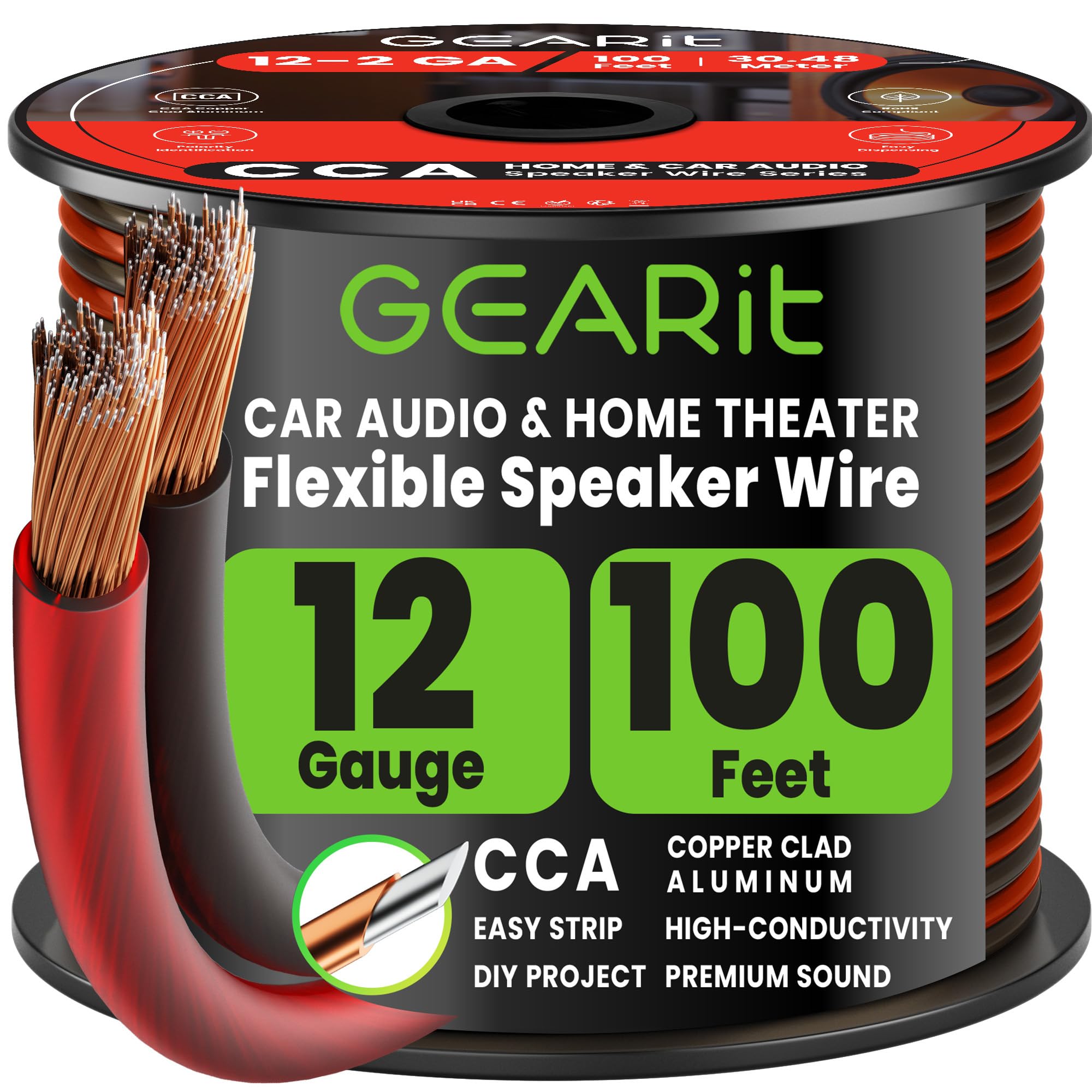 GEARit 12 Gauge Speaker Wire 100FT, 12/2 CCA Cable for Home Theater