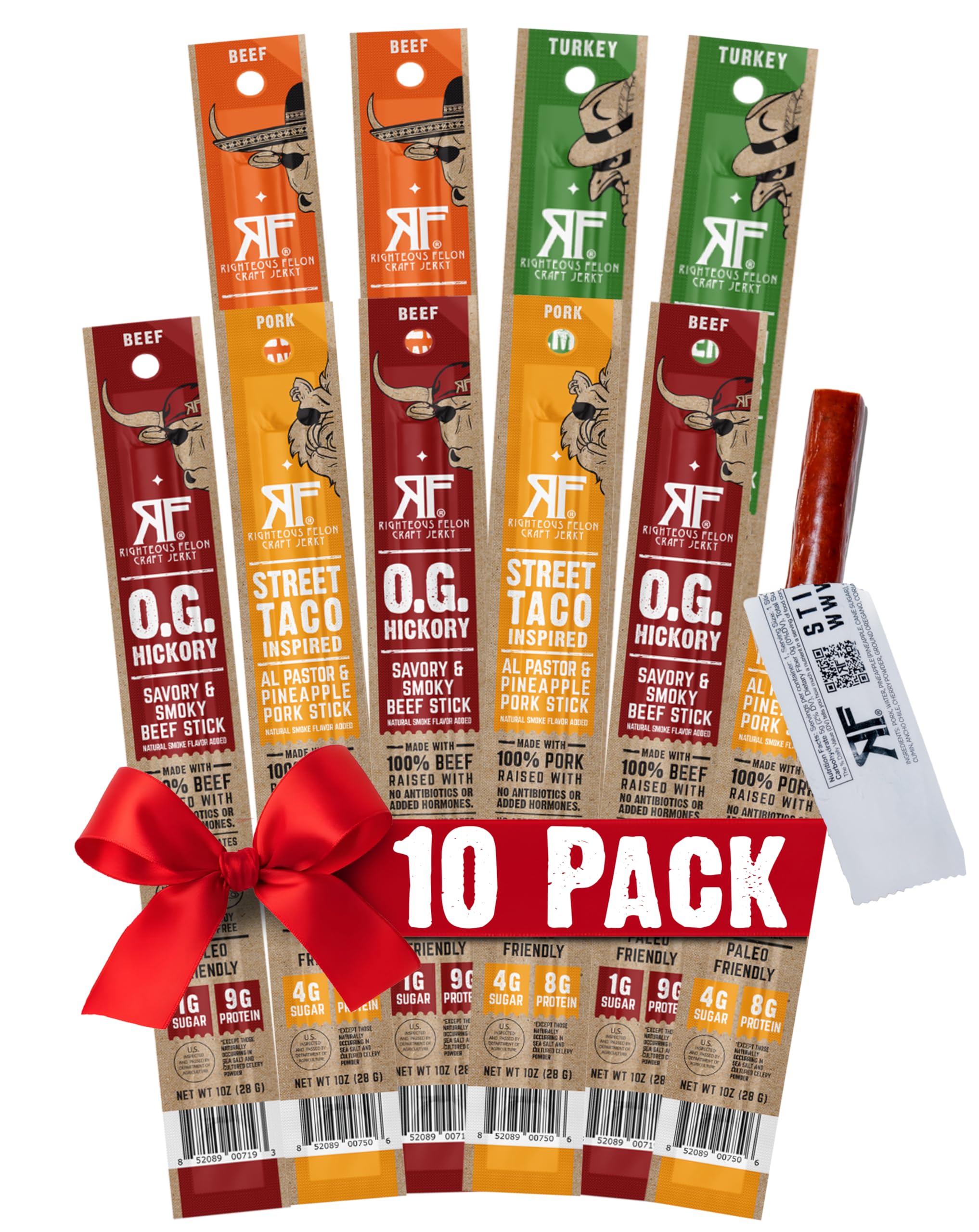 Righteous Felon Jerky Variety Pack Meat Sticks | High Protein, Low Carb, Keto, Gluten Free, Low Sugar, Healthy Snack Stick | All Natural, Individually Wrapped Craft Beef, Turkey, Pork | 10 Count