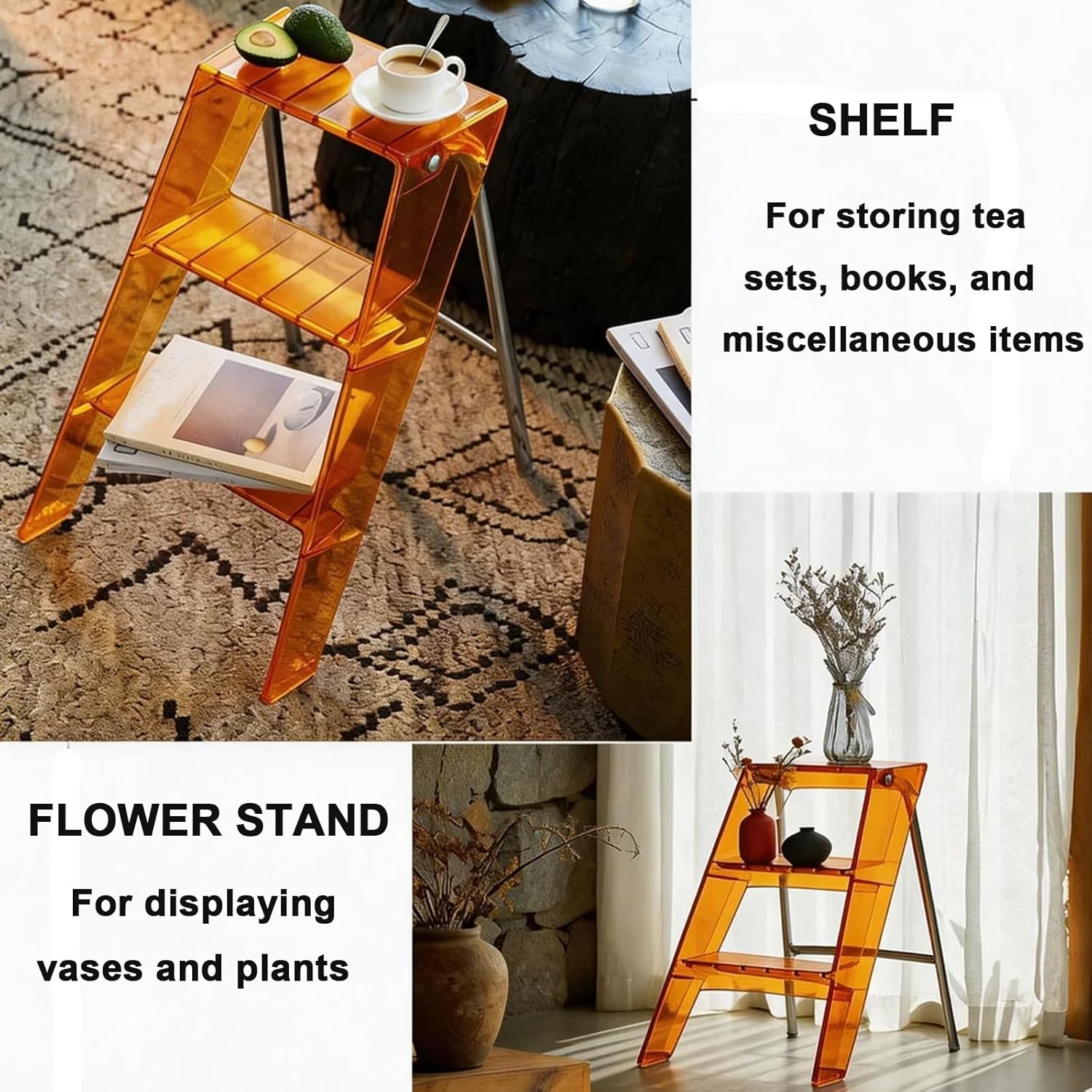 3-Step Clear Acrylic Folding Step Stool Display Stand/Shelf Portable Steps Ladder Non-Slip Textured Silver-Plated Frame L44xW52xH63cm No Assembly Required Load 330-lb