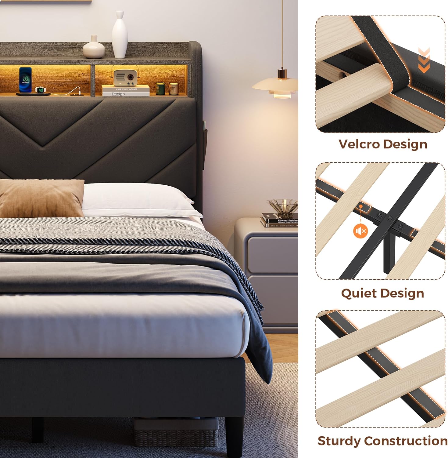 Twin Size Velvet Bed Frame with Ergonomic Headboard, Upholstered Platform Bed with LED Light & Charging Station, Wooden Slats Support, Noise-Free, No Box Spring Needed (Grey)