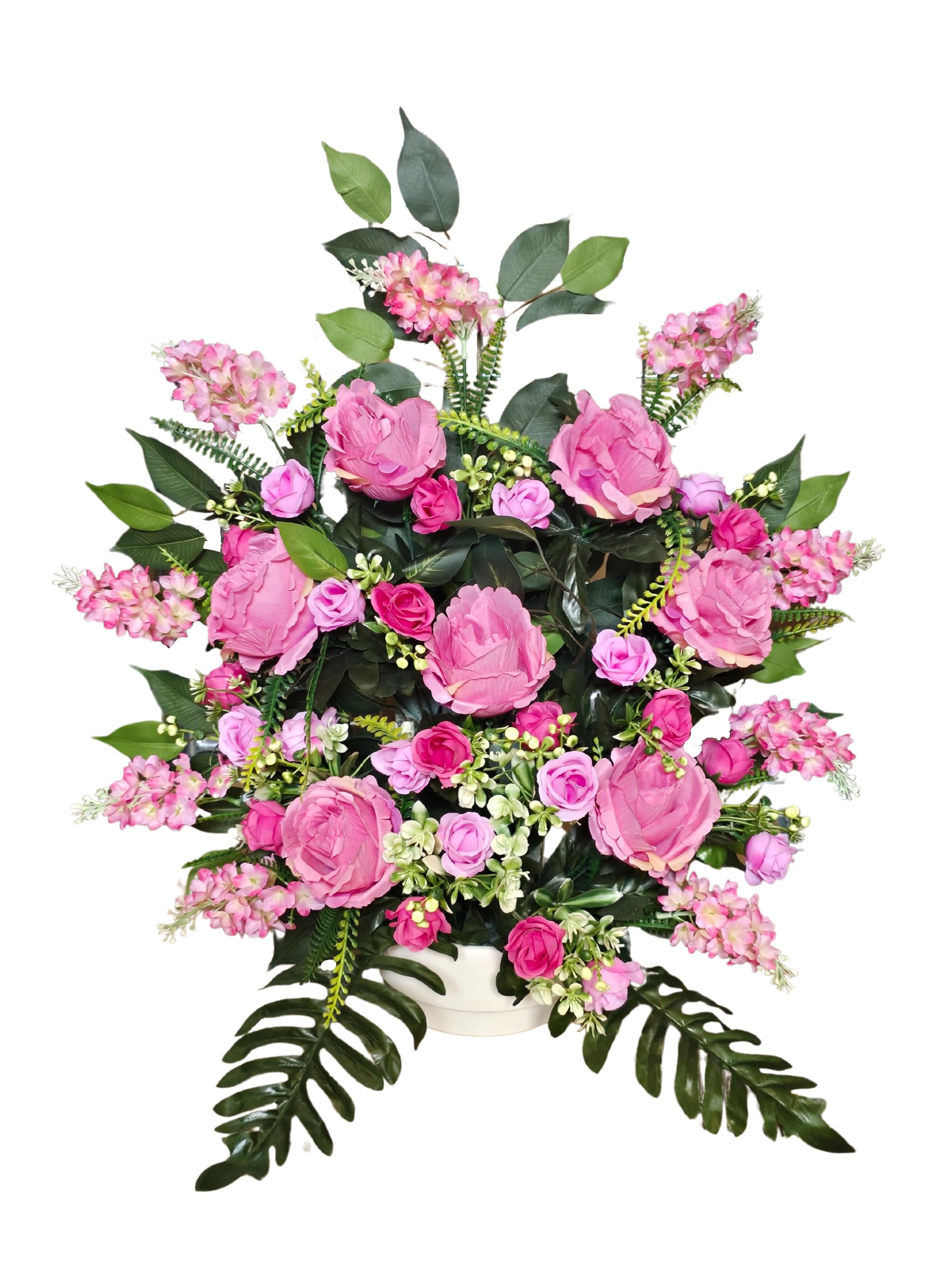 DRW Centro de Flores Artificiales Cementerio, Iglesia Bodas sepulturas Rosa Fucsia con Rosas y ranunculos 56x30x56 cm