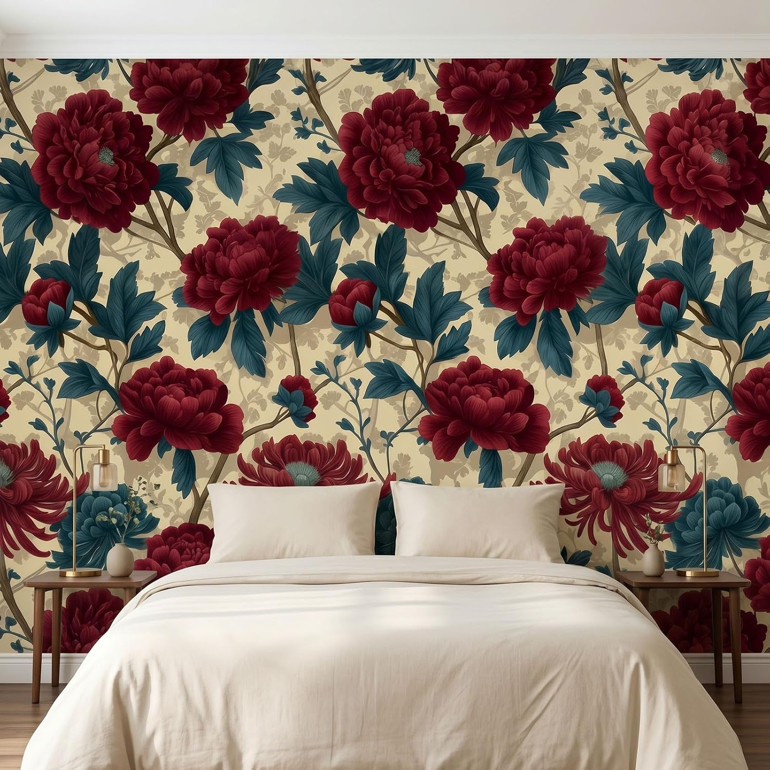 Dark red Peony self-Adhesive murall; Peel-and-Stick wall Mural; Decorative wall Sticker for Bedroom and Living Room Accent Walls