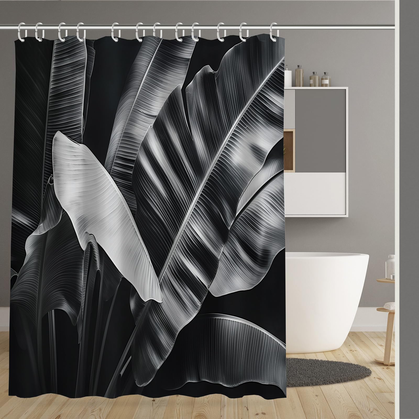 Rideau de douche feuille de bananier pour baignoire style tropical