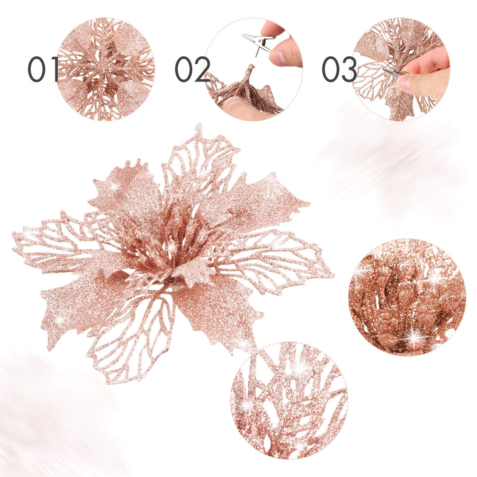 WILLBOND 36 pezzi fiori artificiali di Natale glitter Poinsettia - decorazioni per matrimoni, ornamenti di Capodanno e albero di Natale (oro rosa