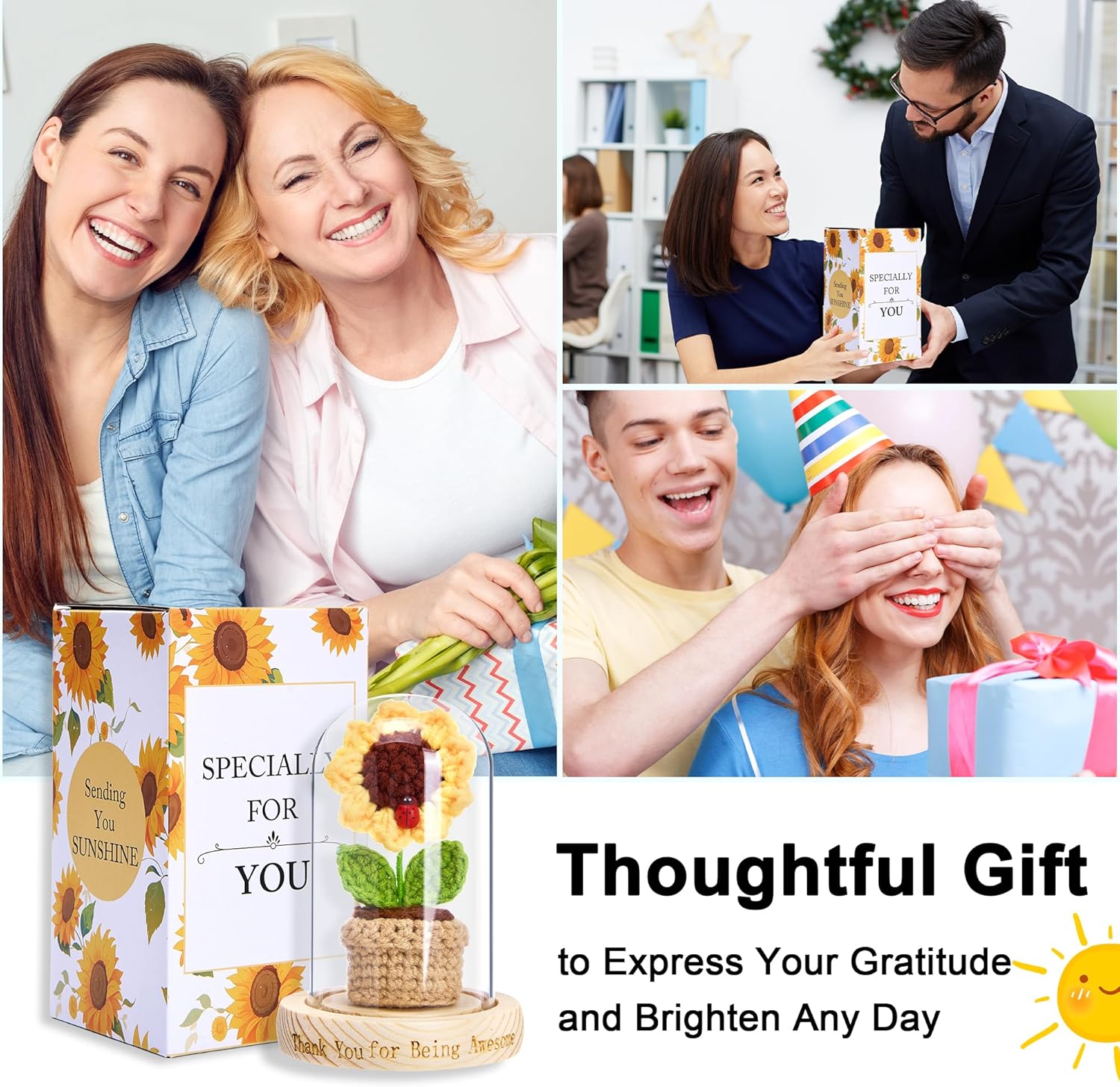 Thank You Gifts for Women, Coworkers, Employee Appreciation Gifts, Farewell Emotional Support Crochet Sunflower Sunshine Gift for Teacher, Sister, Best Friend Birthday (Sunflower Yellow) - Image 5