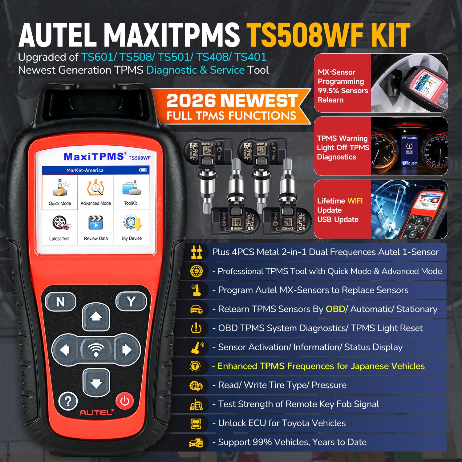 Autel MaxiTPMS TS508WF Kit, 2026 Más Nuevo con 4 MX-Sensor Metálico 2-en-1[Valor €120], Herramienta Reaprendizaje TPMS Actualización TS508 TS501 TS408, Activar Reaprender Sensor, Program Autel Sensor