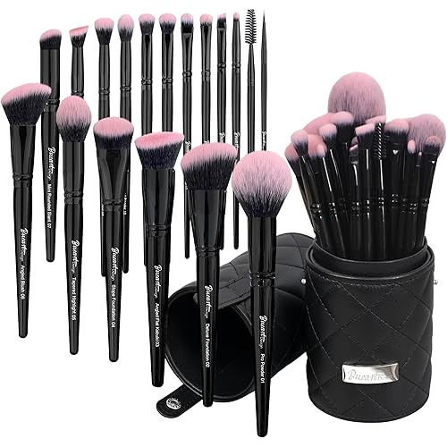 Bueart Design 18Pcs Pro Deluxe Fuchsia Pink Black Makeup Brushes set with Travel Make up Brush Holder case Foundation concealer contour Blush eyeshadow face make up brush set