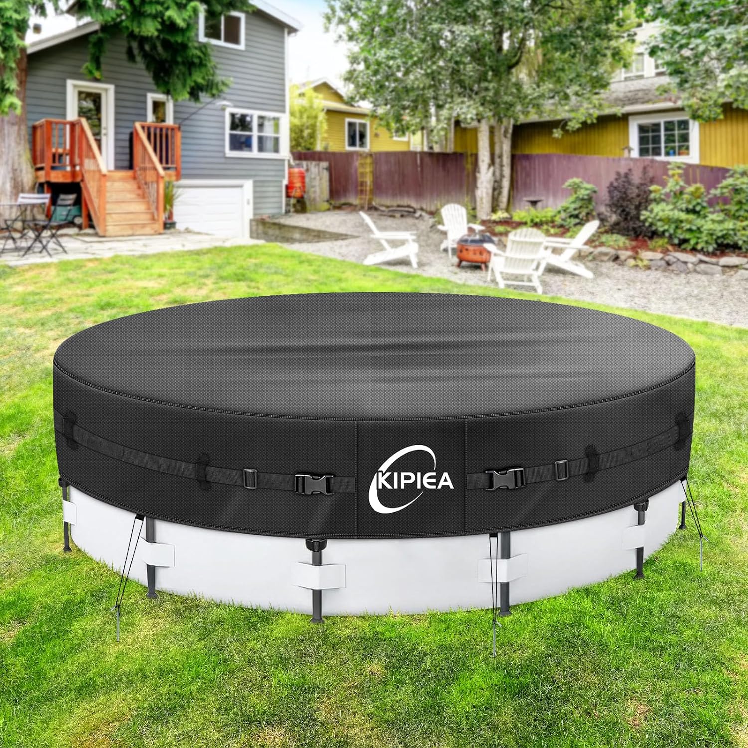 Kipiea Heavy Duty 500D 18ft Round Pool Cover for Above Ground Pools, Swimming Pool Cover with Full Circle Straps, Anti-Slip Straps and Tent Stakes, Featuring Windproof, Waterproof and Dustproof Design