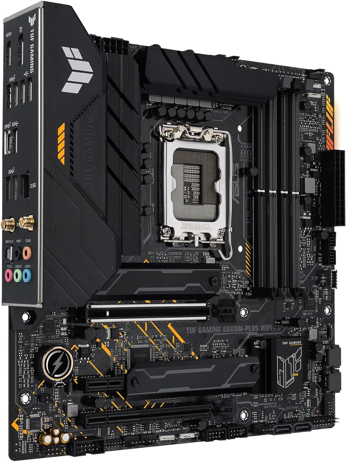 Angled view of ASUS B660M-PLUS WiFi Motherboard with Rear I/O