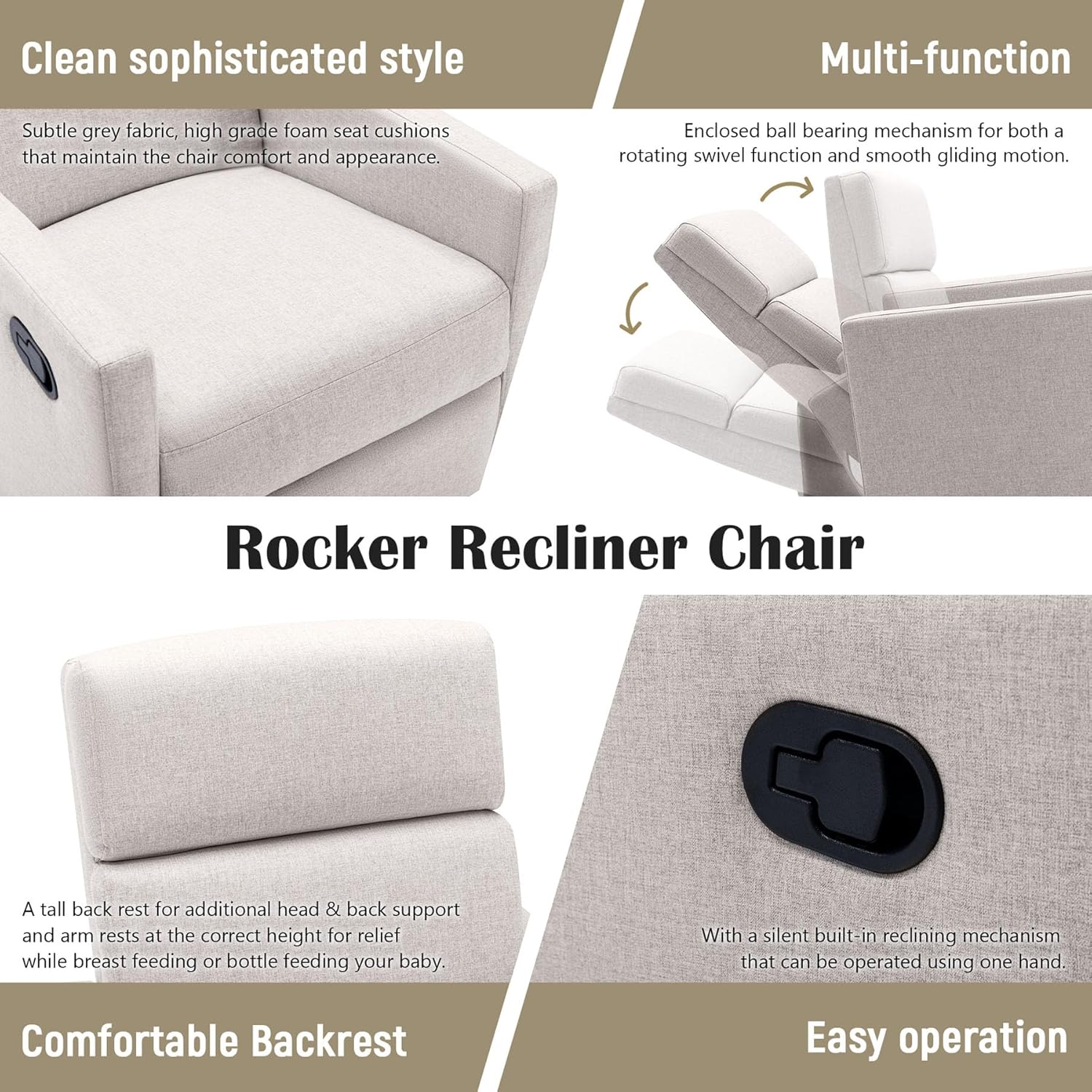 Boucle Recliner Gliders for Nursery, Lazy Rocker Recliner Chair & Swivel Reclining Sofa Chair with Adjustable High Back, Upholstered Cushions,Metal Base (Oatmeal)