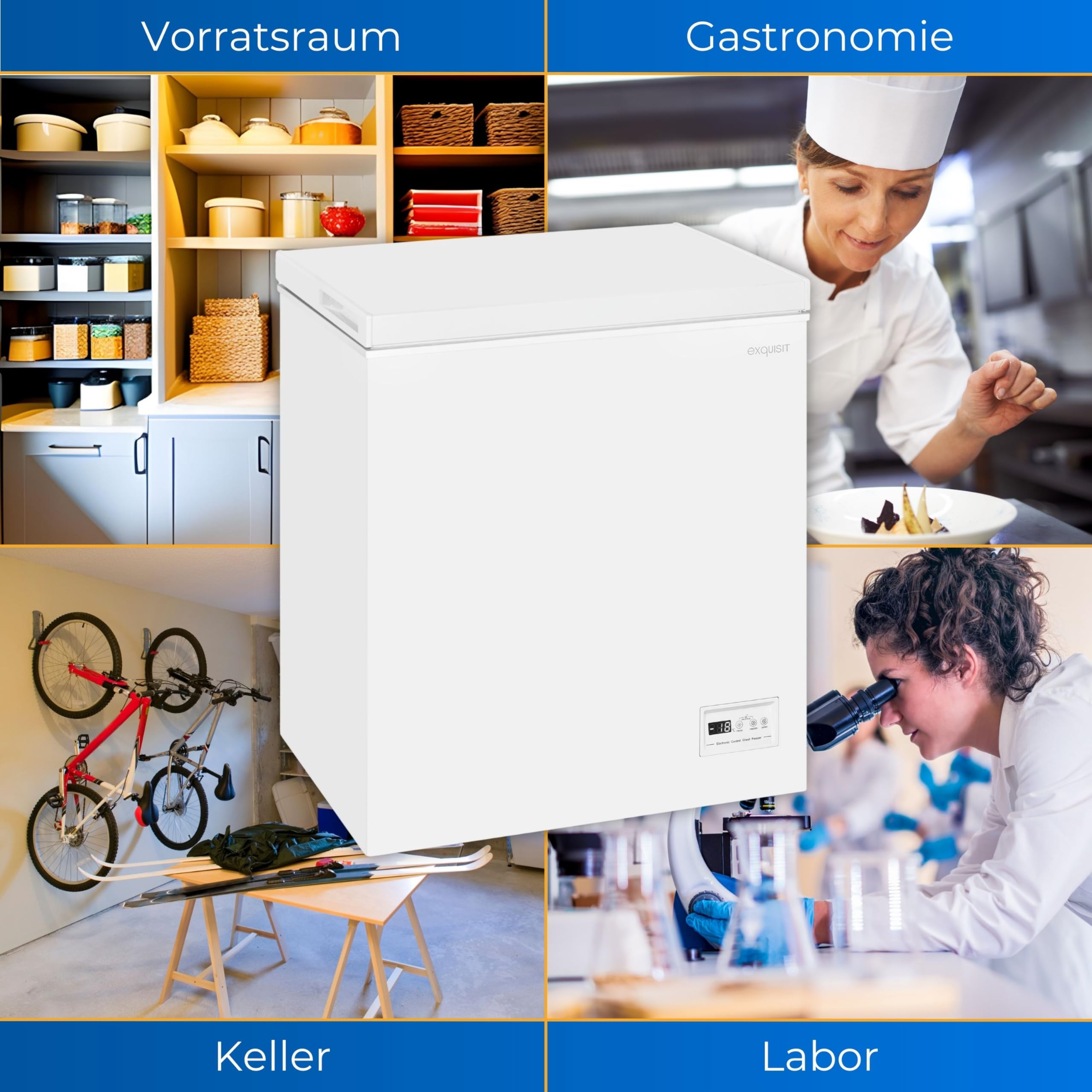 Exquisit Gefriertruhe GT150-E-040E Weiß - 142 L Tiefkühltruhe - 55 cm | Freistehender Gefrierschrank mit 4 Sterne Gefrierleistung, Schnellgefrierfunktion, Einhängekorb und Rollen, Klasse E