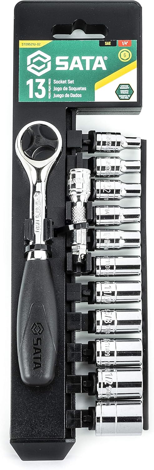 SATA 13-Piece 1/4 Inch Drive 6-Point SAE Socket Set with 60 Tooth Round Head Ratchet - ST09521U-02