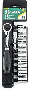 SATA 13-Piece 1/4 Inch Drive 6-Point SAE Socket Set with 60 Tooth Round Head Ratchet - ST09521U-02