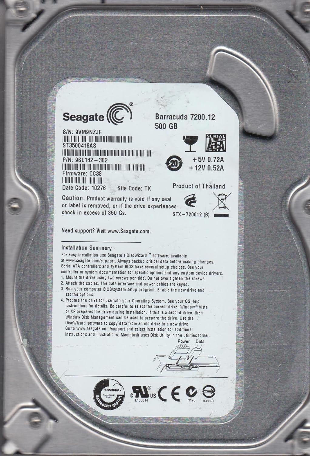 Seagate Barracuda 7200.12 ST3500418AS Hard Drive label with installation summary