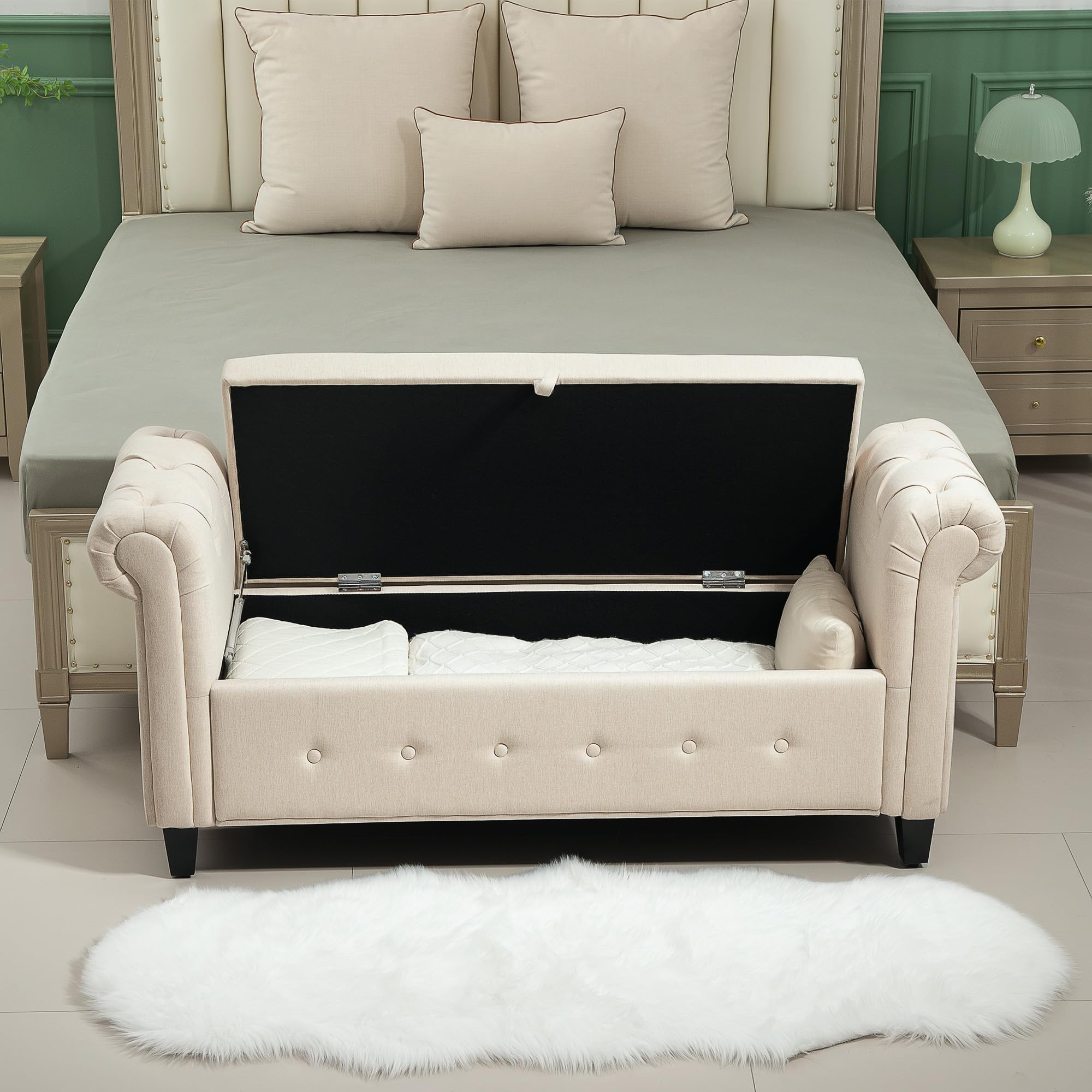 HOMCOM Banco de Almacenamiento Taburete de Almacenaje de Lino con Tapa de Bisagras Patas de Madera y Reposabrazos Enrollados para Dormitorio Salón Pasillo Carga 150 kg 146,5x49x74,5 cm Beige