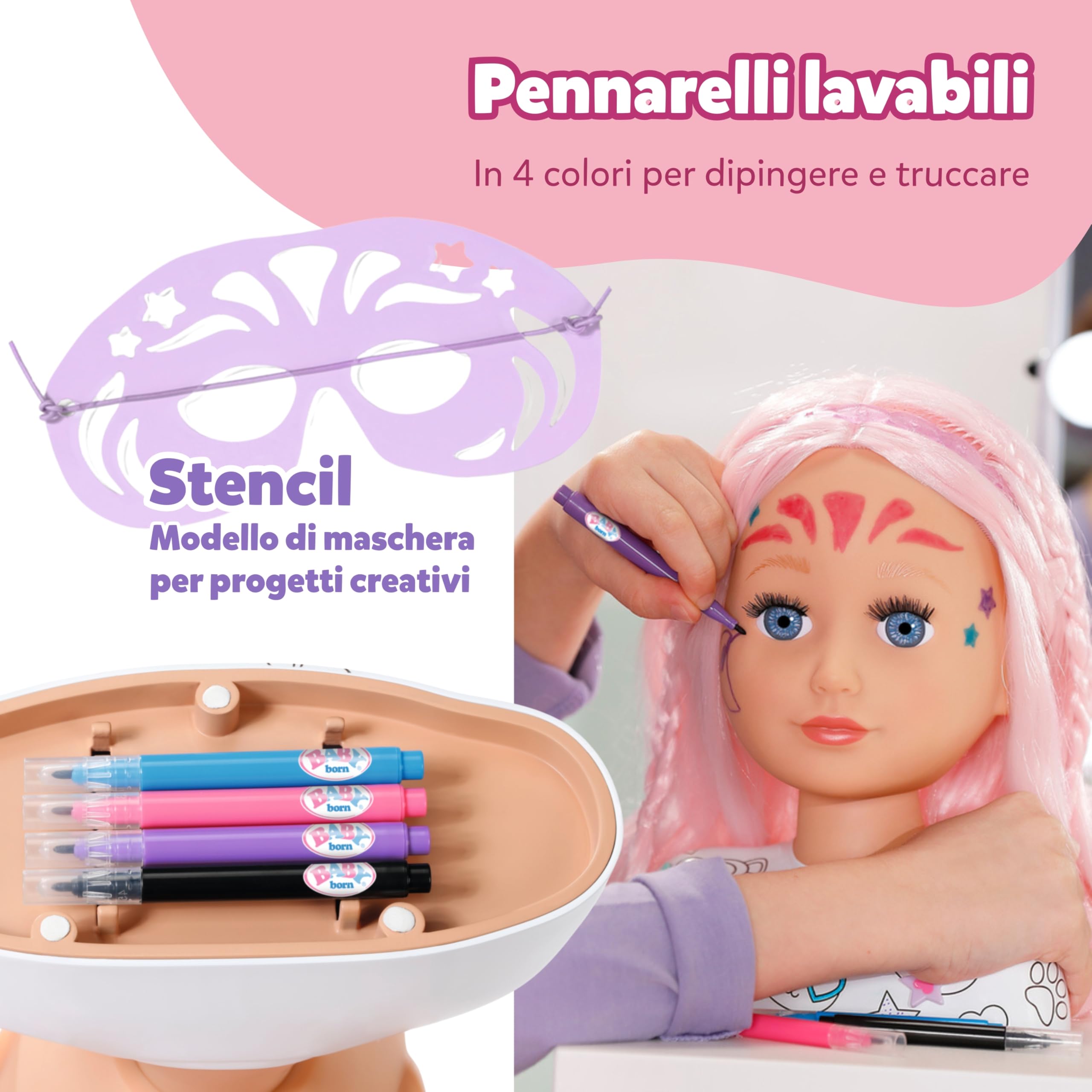 BABY born Testa Creative – Con capelli rosa, pennarelli e oltre 20 accessori - Testa da truccare e pettinare - Dai 3 anni in su