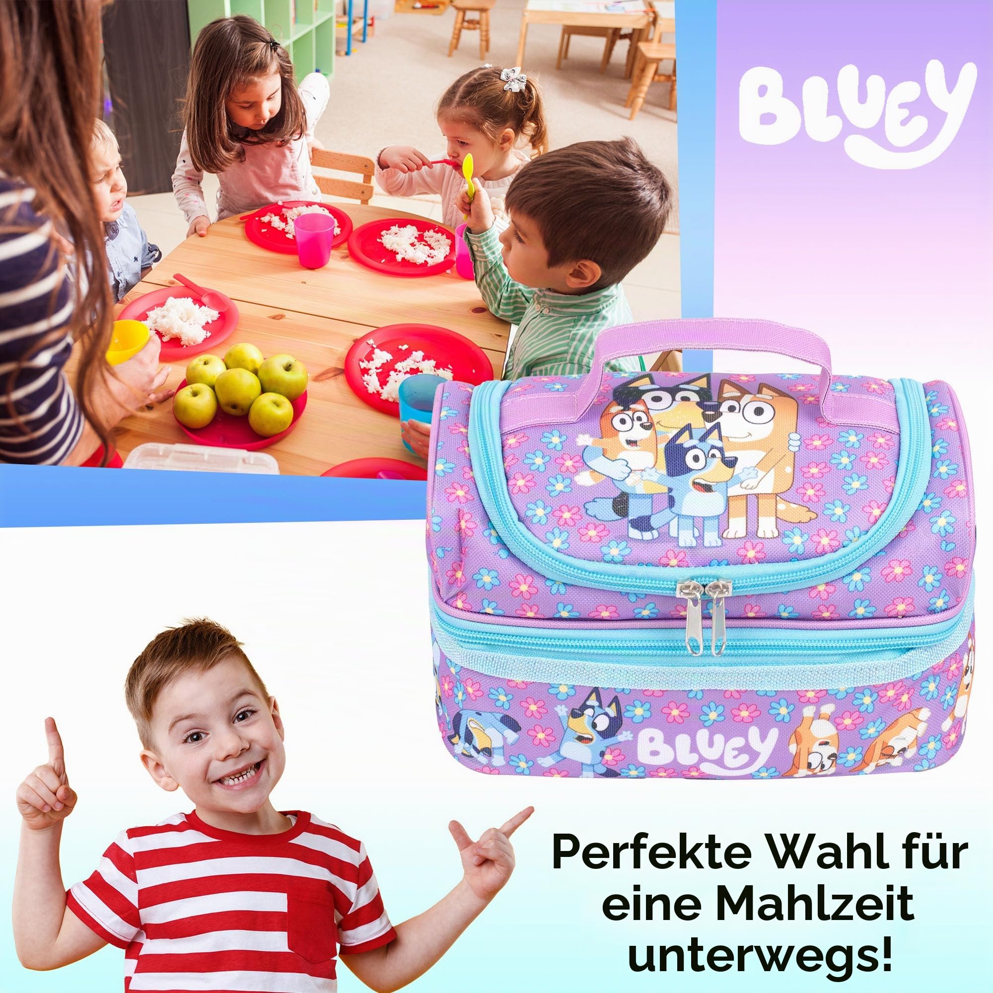 Bluey - Schul-Lunch-Tasche für Kinder – Snack-Tasche mit mehreren Fächern für Mädchen und Jungen – wärmeisoliert und großes Fassungsvermögen – Lila