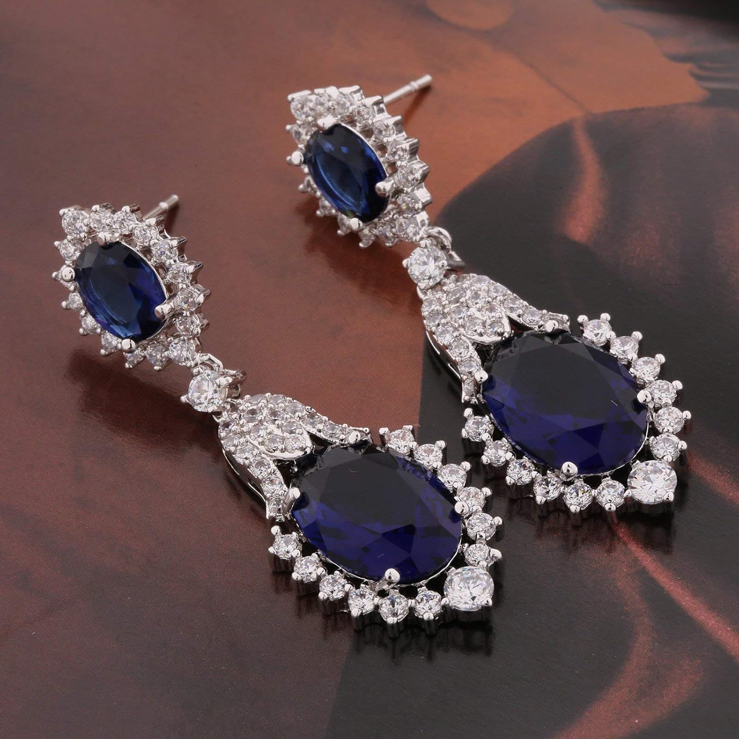 GULICX Vintage Design Long Luxury Oval CZ Stone Silver Tone Blue -Sapphire Color Drop Earrings - Image 4