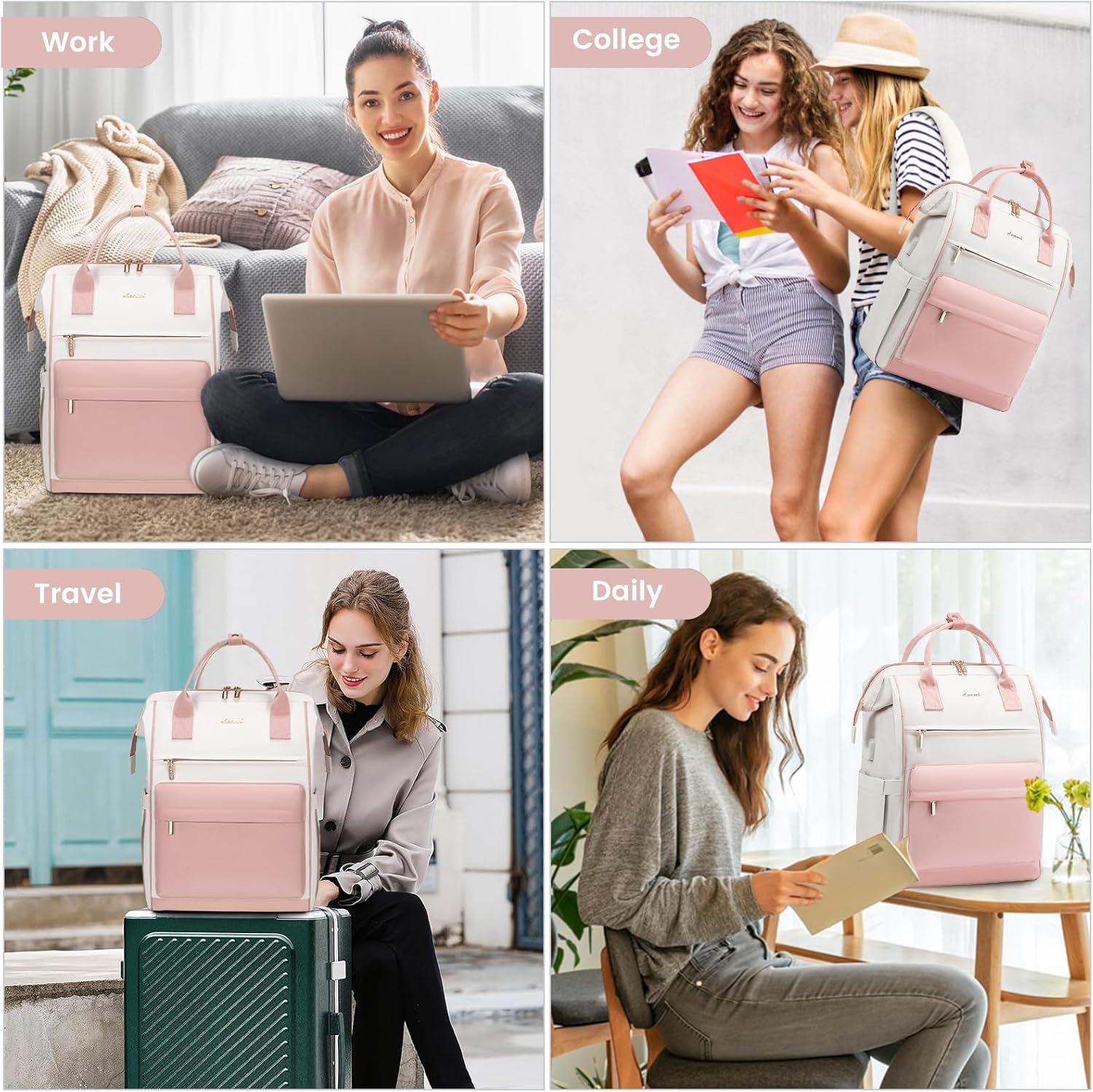 LOVEVOOK Laptop Backpack for Women, 17 Inch Work Teacher Nurse Bag, Large Capacity Business Computer Backpack Purse with USB Port, Stylish Casual Daypack for Travel,Beige&Pink - Image 6