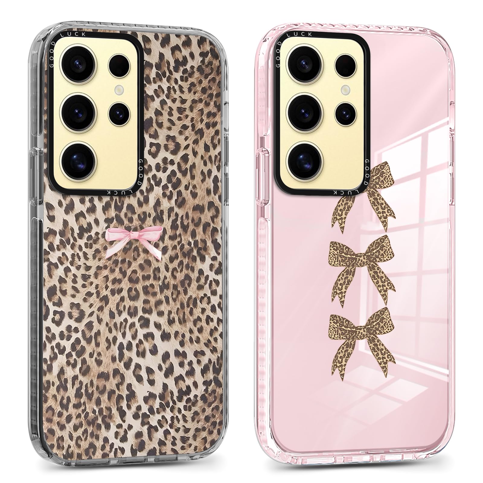 RUMDEY 2 Pack Cute Cheetah Print Phone Case for Samsung Galaxy S24 Ultra 5G Pink Bow Case 6.8", Clear Coquette Fashion Luxury Leopard Pattern Design
