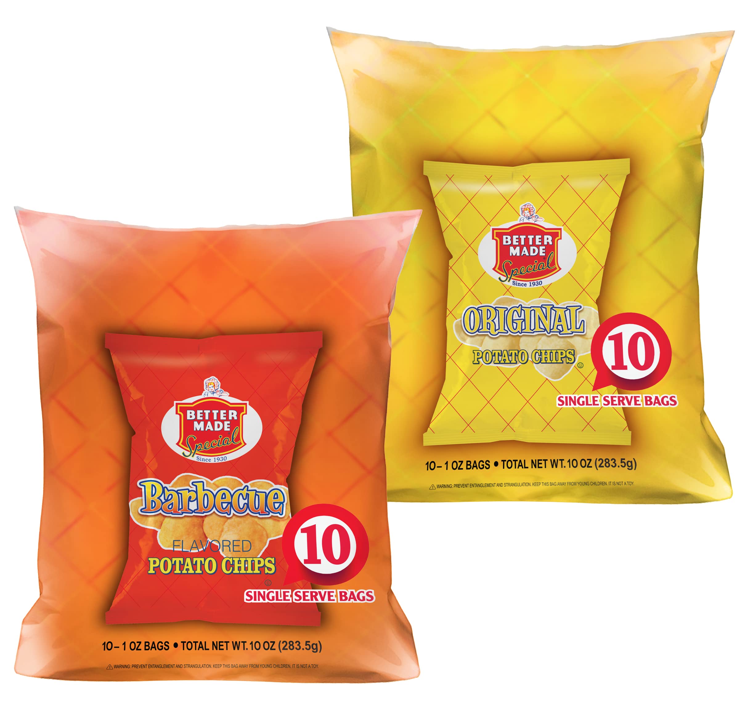 Better Made Special Original & BBQ Flavor Potato Chips 2 Ten Packs (20) x Lunch Snack Bags 1oz (10 of Each Flavor) - Gluten Free - Family Owned in