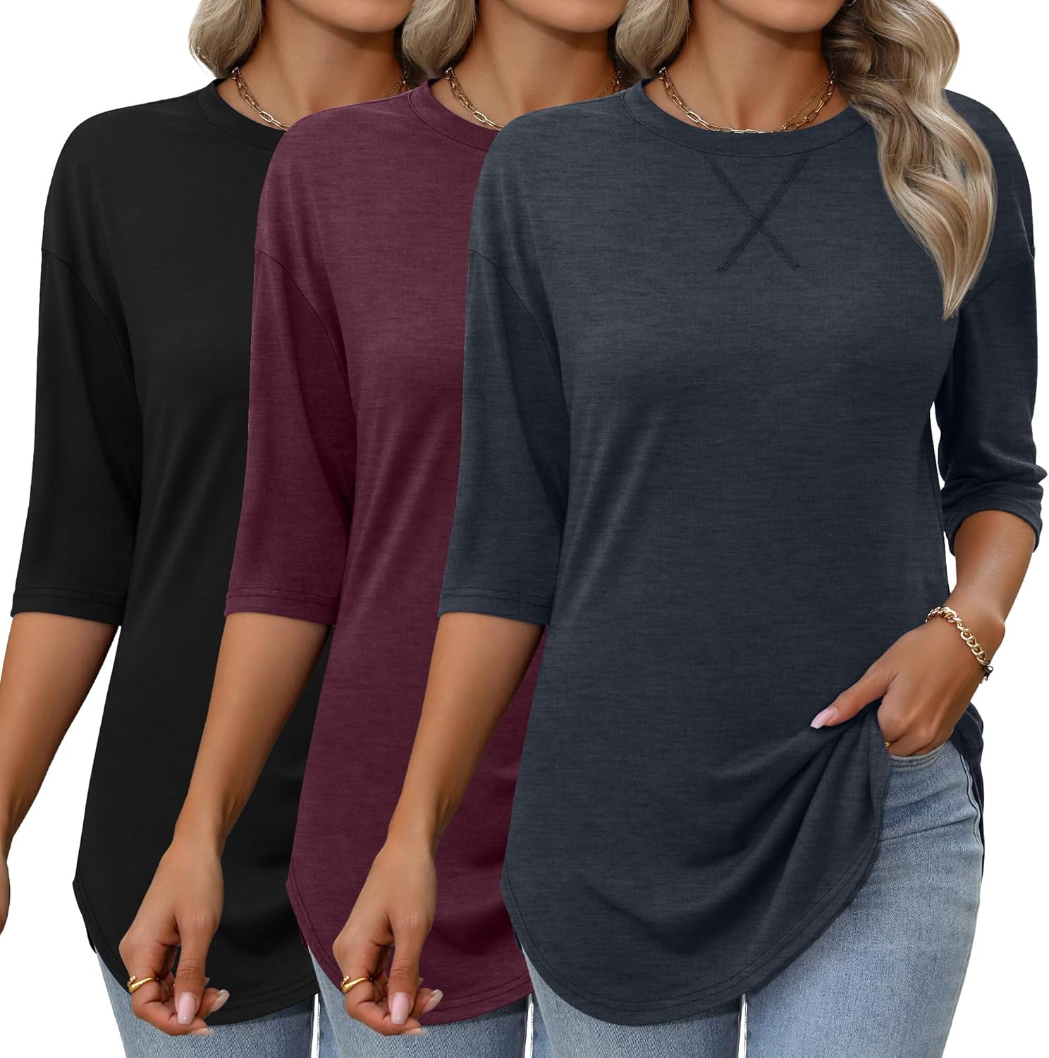 Riyiper 3 Pack Women's 3/4 Sleeve Cotton Tunic Tops Round Neck Drop Shoulder Loose Shirts Curved Hem Side Split Basic Tee(Black, Haze Blue, Fuchsia,Medium)