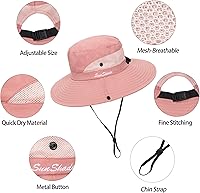 Vista 35 de Sombrero de pesca de playa de ala ancha para mujer, con protección UV, plegable, con agujero para cola de caballo