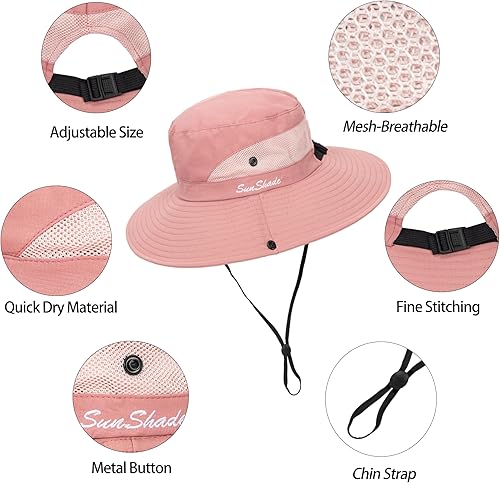 Miniatura 35 de Sombrero de pesca de playa de ala ancha para mujer, con protección UV, plegable, con agujero para cola de caballo