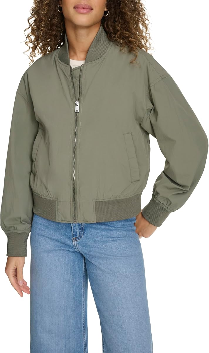 Chaqueta bomber ligera para mujer con ribete de punto acanalado